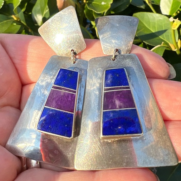 VINTAGE NAVAJO NATIVE AMERICAN SUGILITE LAPIS HUGE DROP DANGLE EARRINGS 925 SS